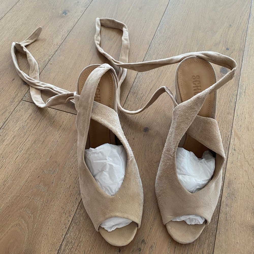 Schutz nude suede wrap heels. Never been worn. Size 10